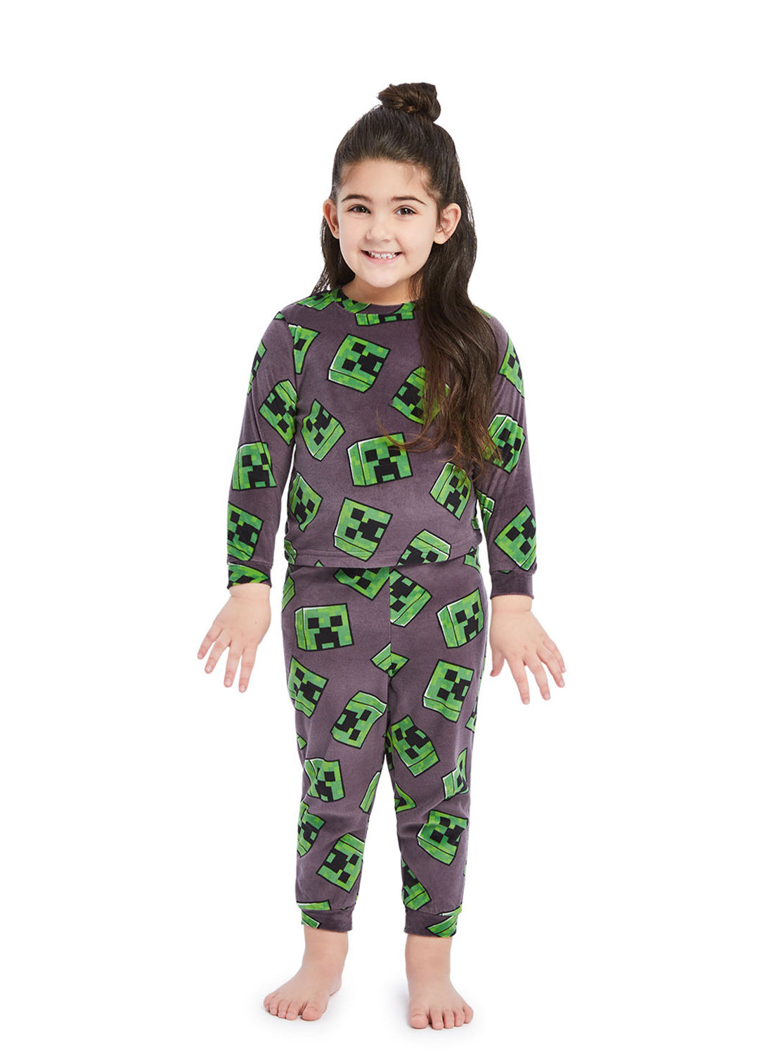 Little Girl wearing Minecraft PJ set 2 pieces, long sleeve shirt and pants (gray & green)