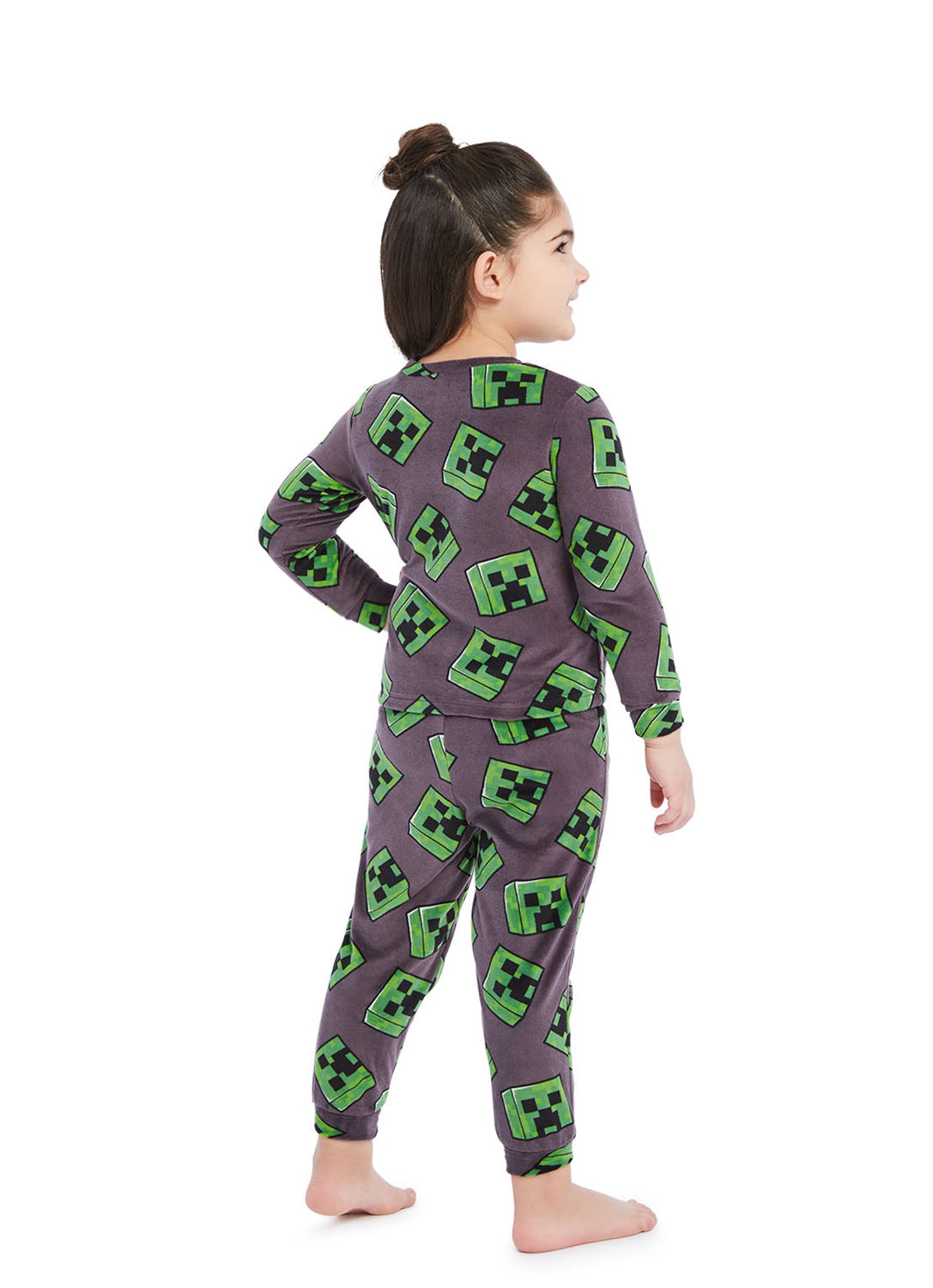 Back view Little Girl wearing Minecraft PJ set 2 pieces, long sleeve shirt and pants (gray & green)