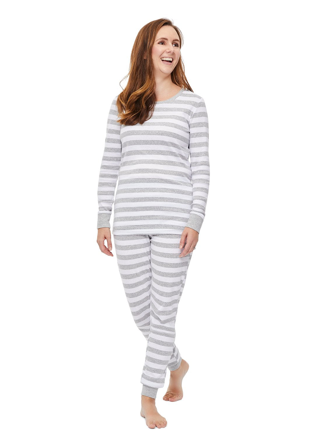 Woman wearing Grey Stripe Pajama Set