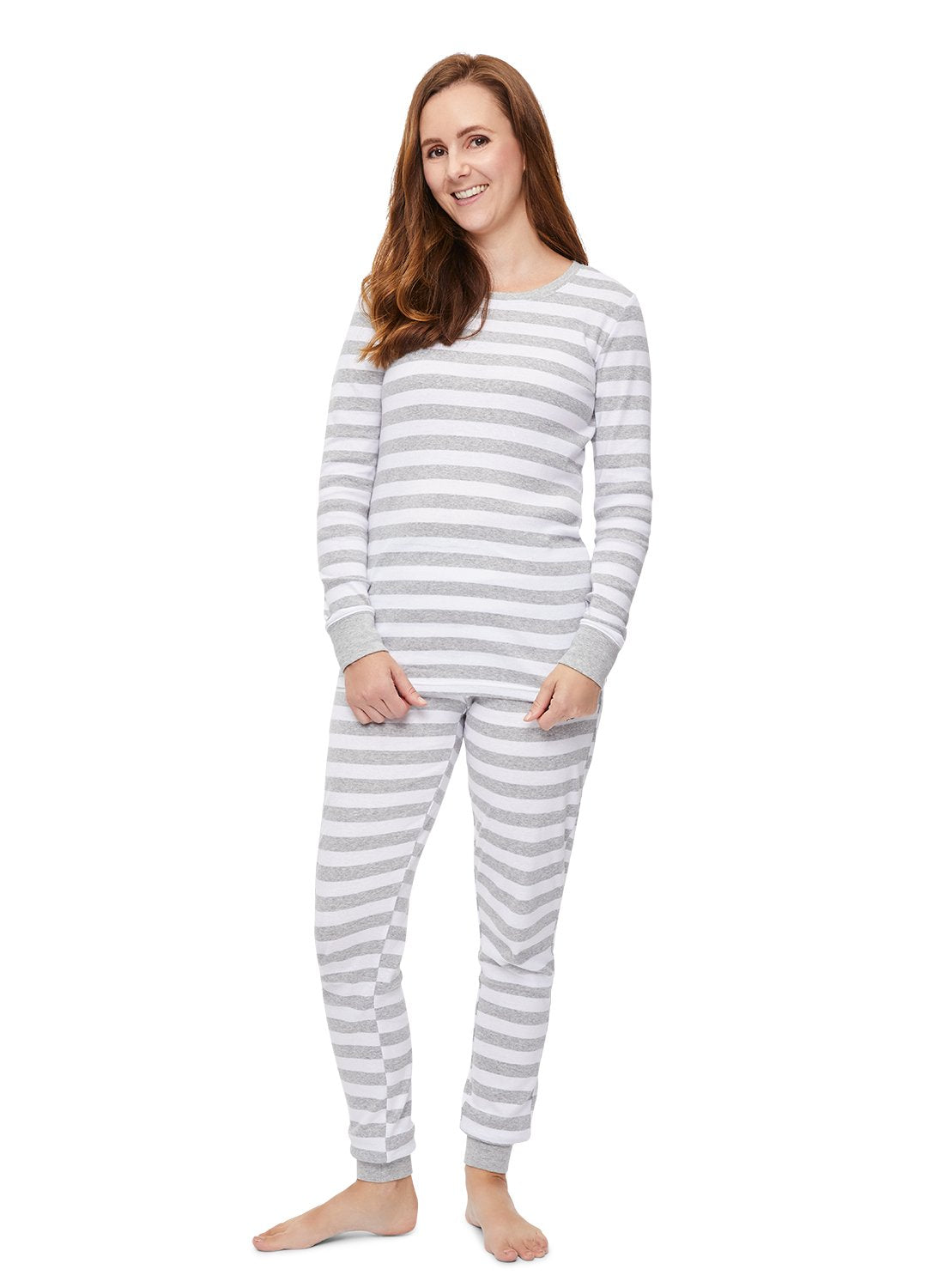 Woman smiling and wearing Grey Stripe Pajama Set