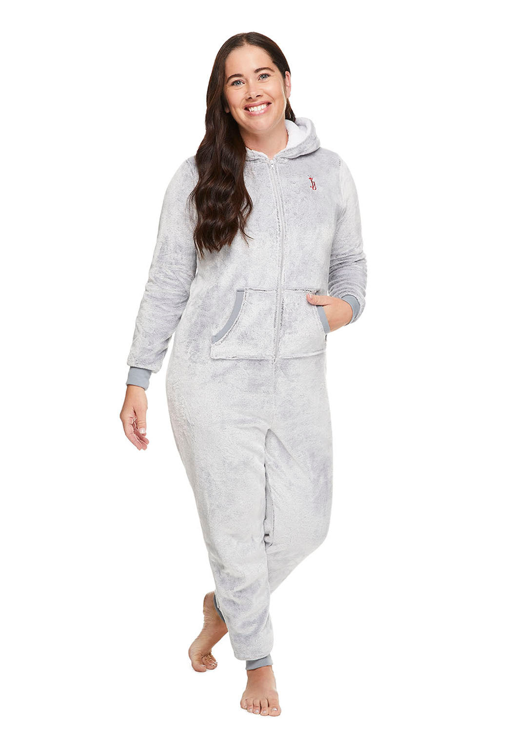 Woman wearing Grey Reindeer Sleepwear Onesie