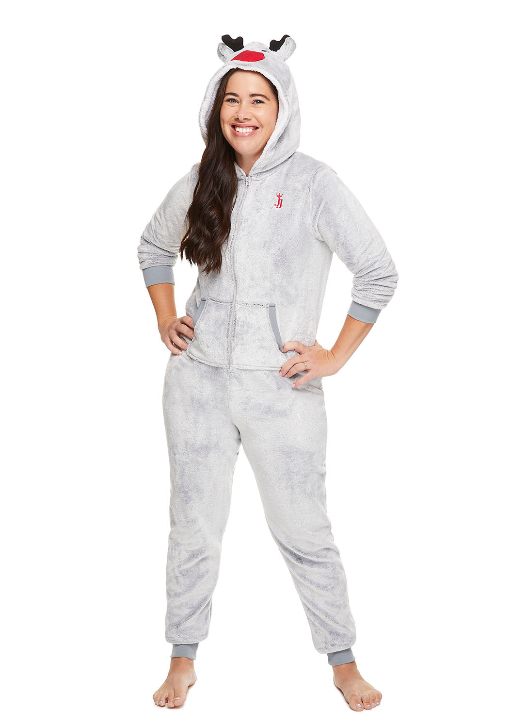 Woman smiling and wearing Grey Reindeer Sleepwear Onesie