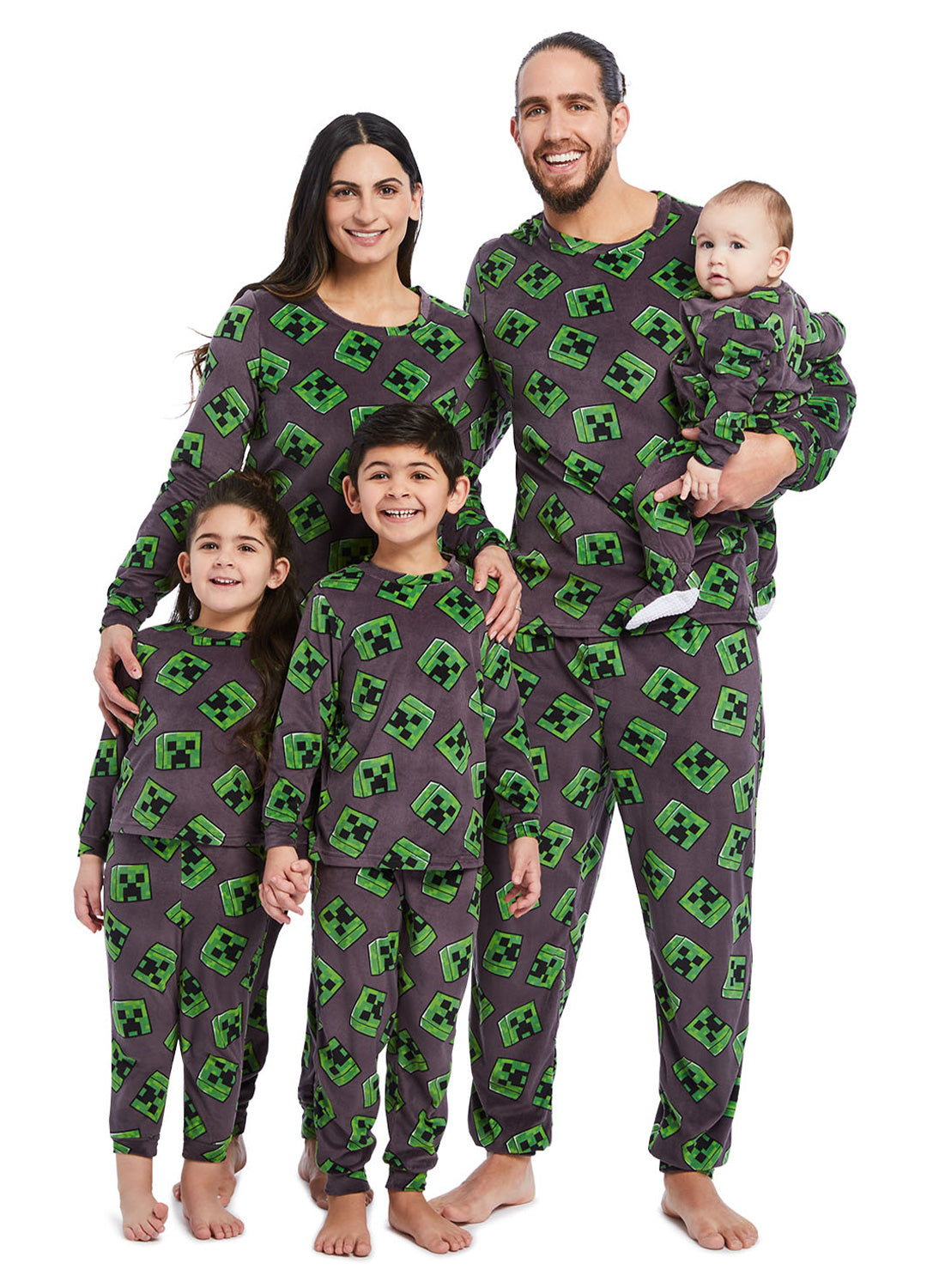 Family wearing Minecraft PJ set 2 pieces, long sleeve shirt and pants (gray & green) and baby onesie
