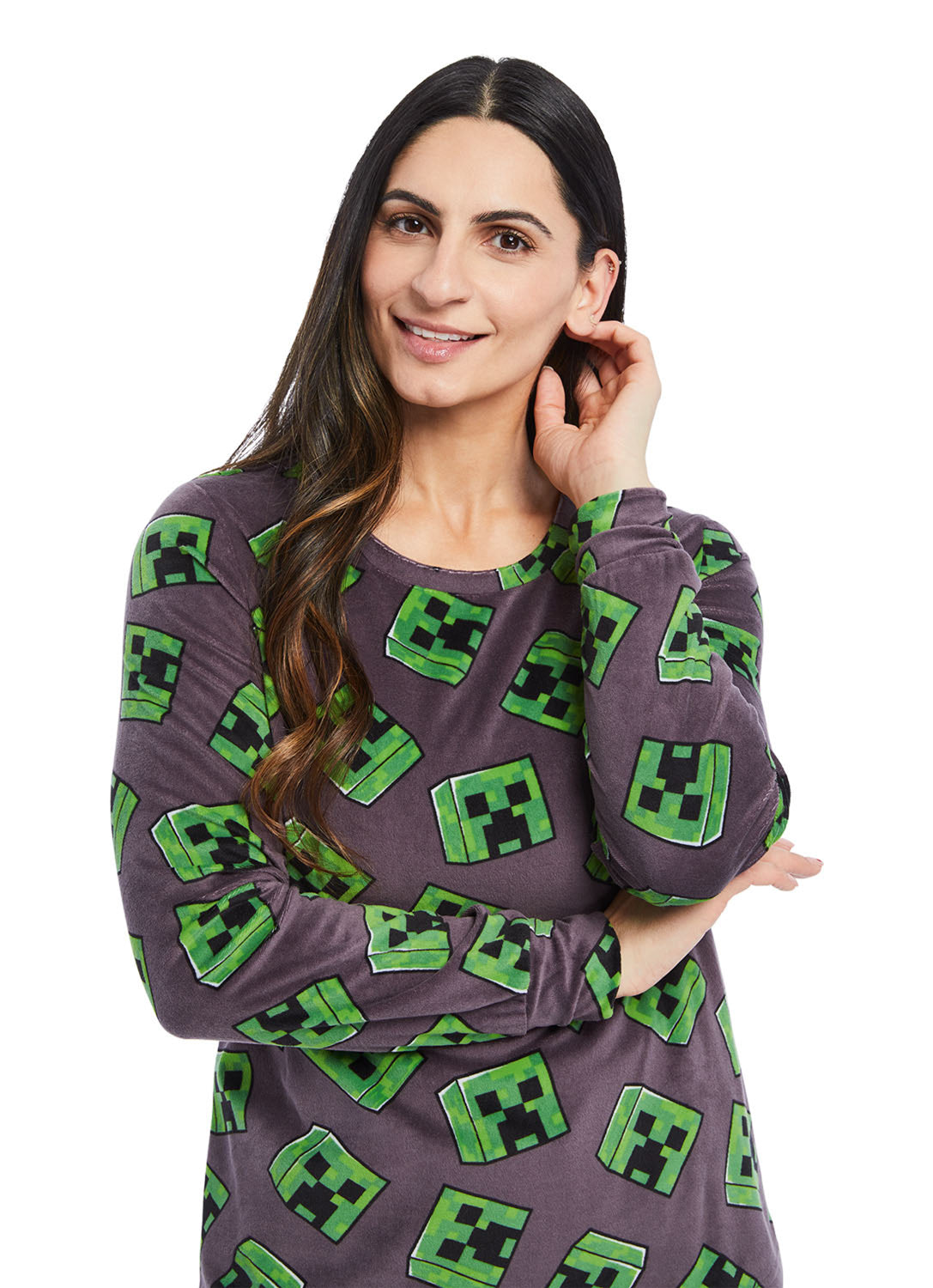 Close up Woman wearing Minecraft PJ set 2 pieces, long sleeve shirt and pants (gray & green)