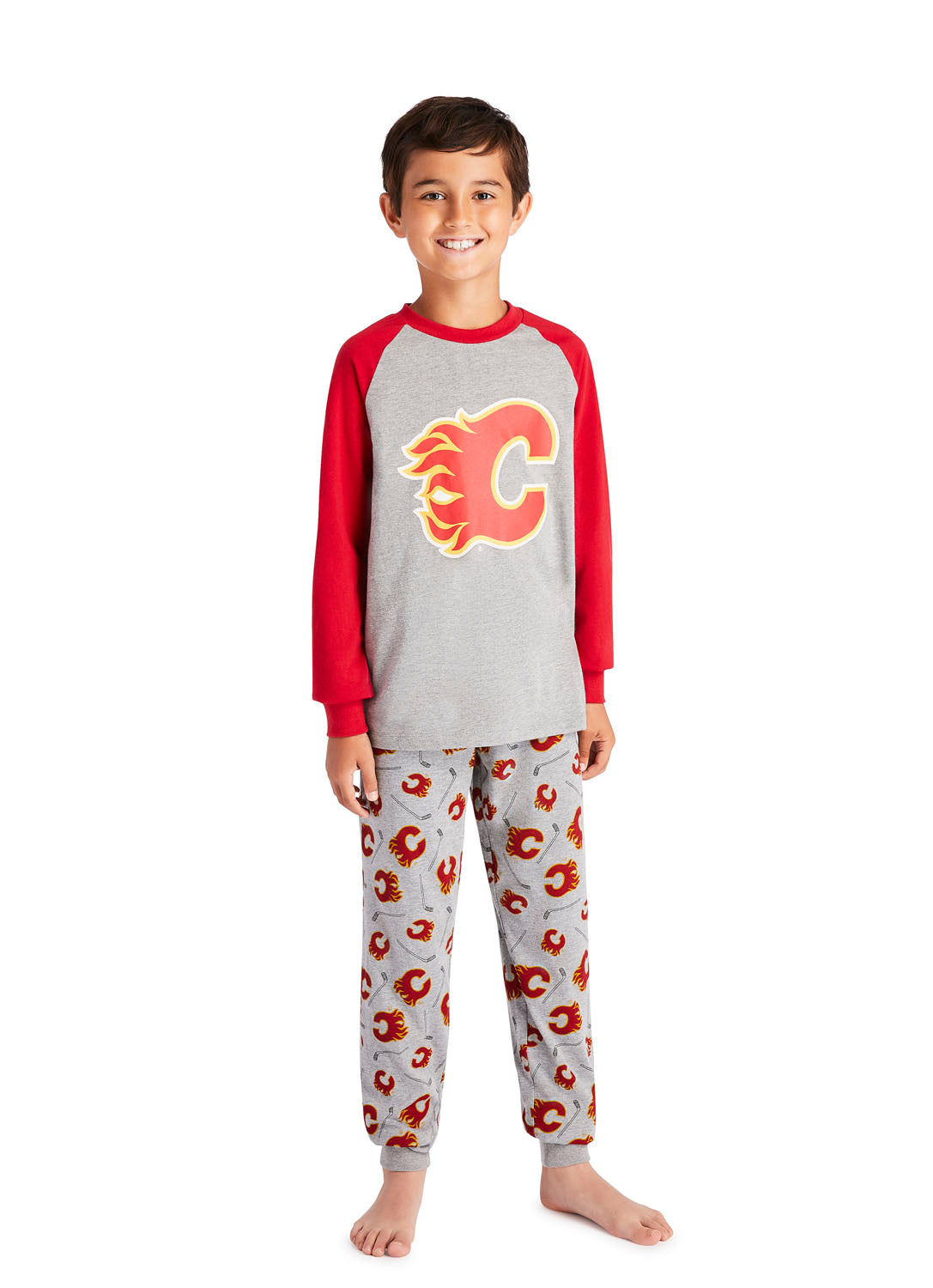 Boy wearing Calgary Flames Pajama Set