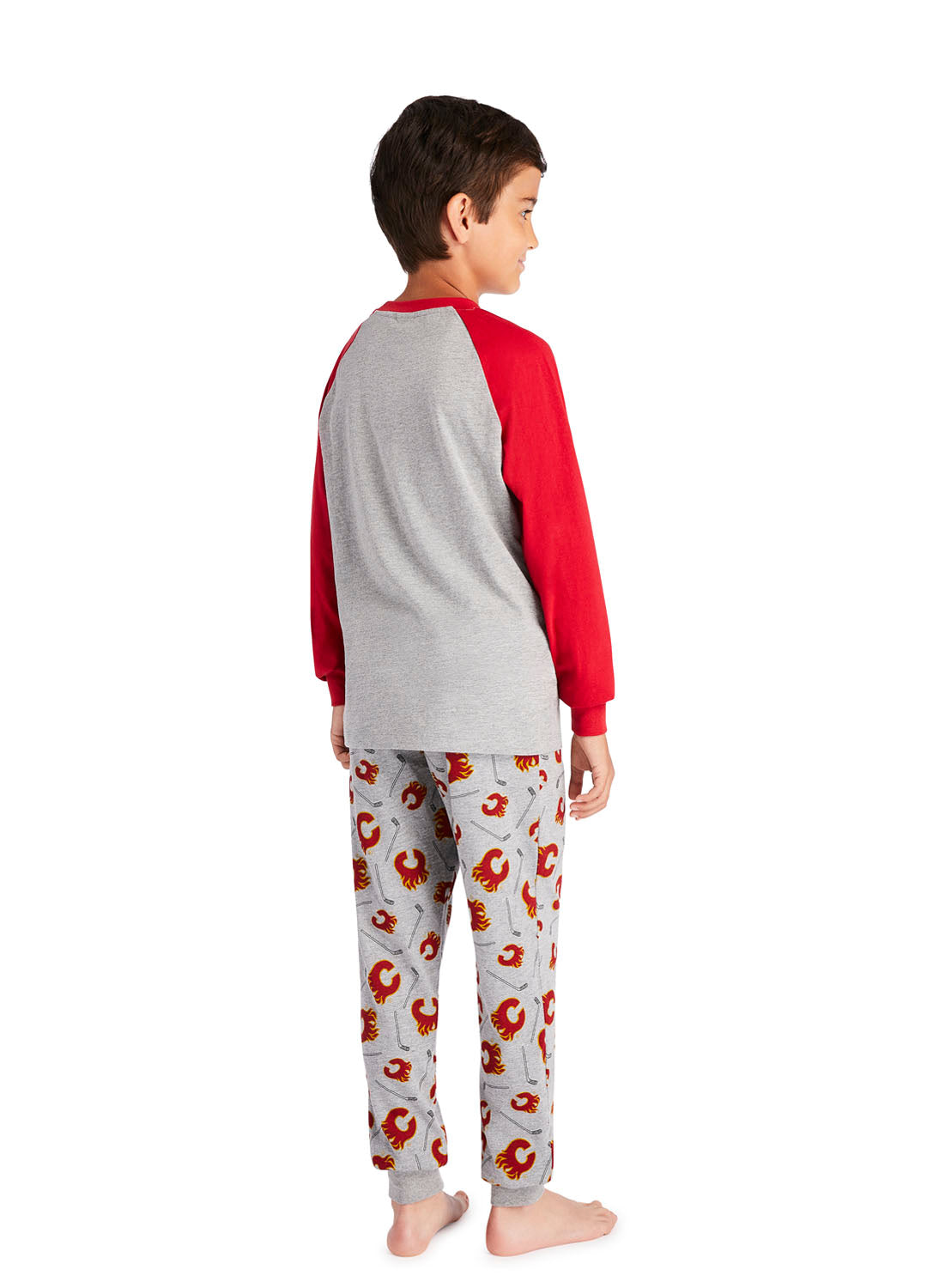 Back view Boy wearing Calgary Flames Pajama Set