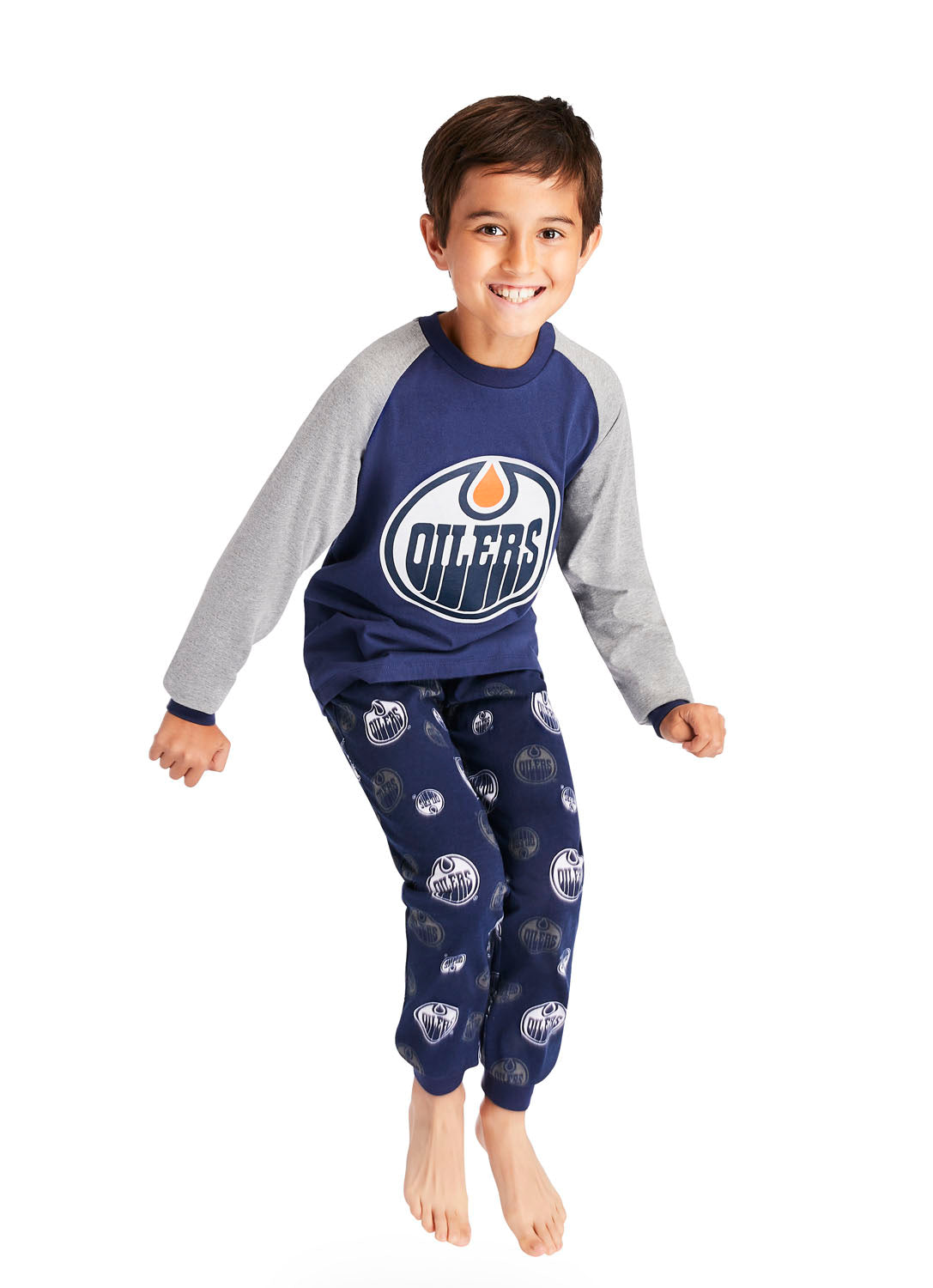 Fun Boy wearing Edmonton Oilers Pajama Set