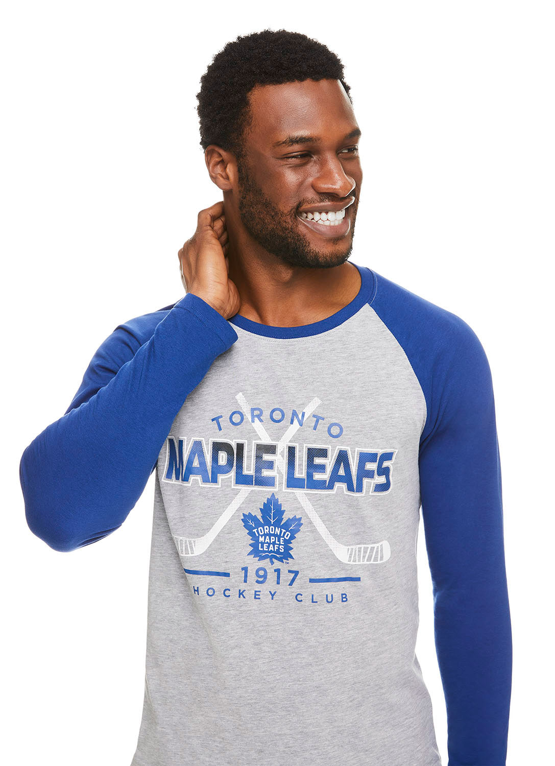 Close Up Man wearing Toronto Maple Leafs Sleep Shirt with print (Gray and Blue)