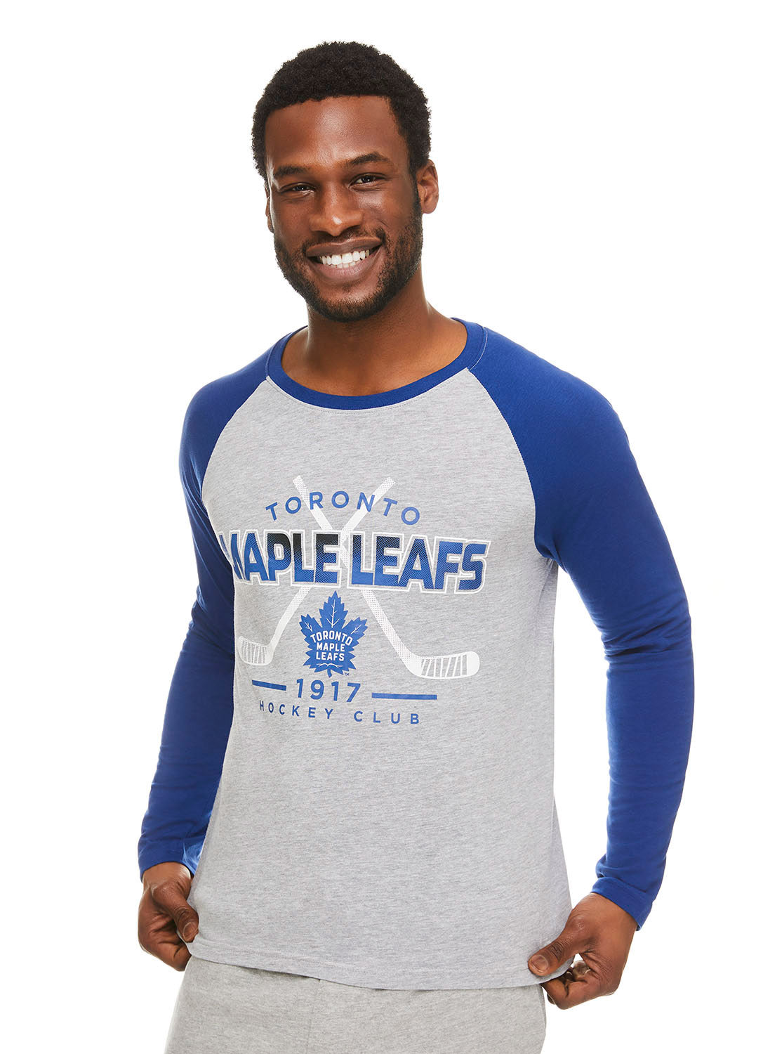 Fun Man wearing Toronto Maple Leafs Sleep Shirt with print (Gray and Blue)