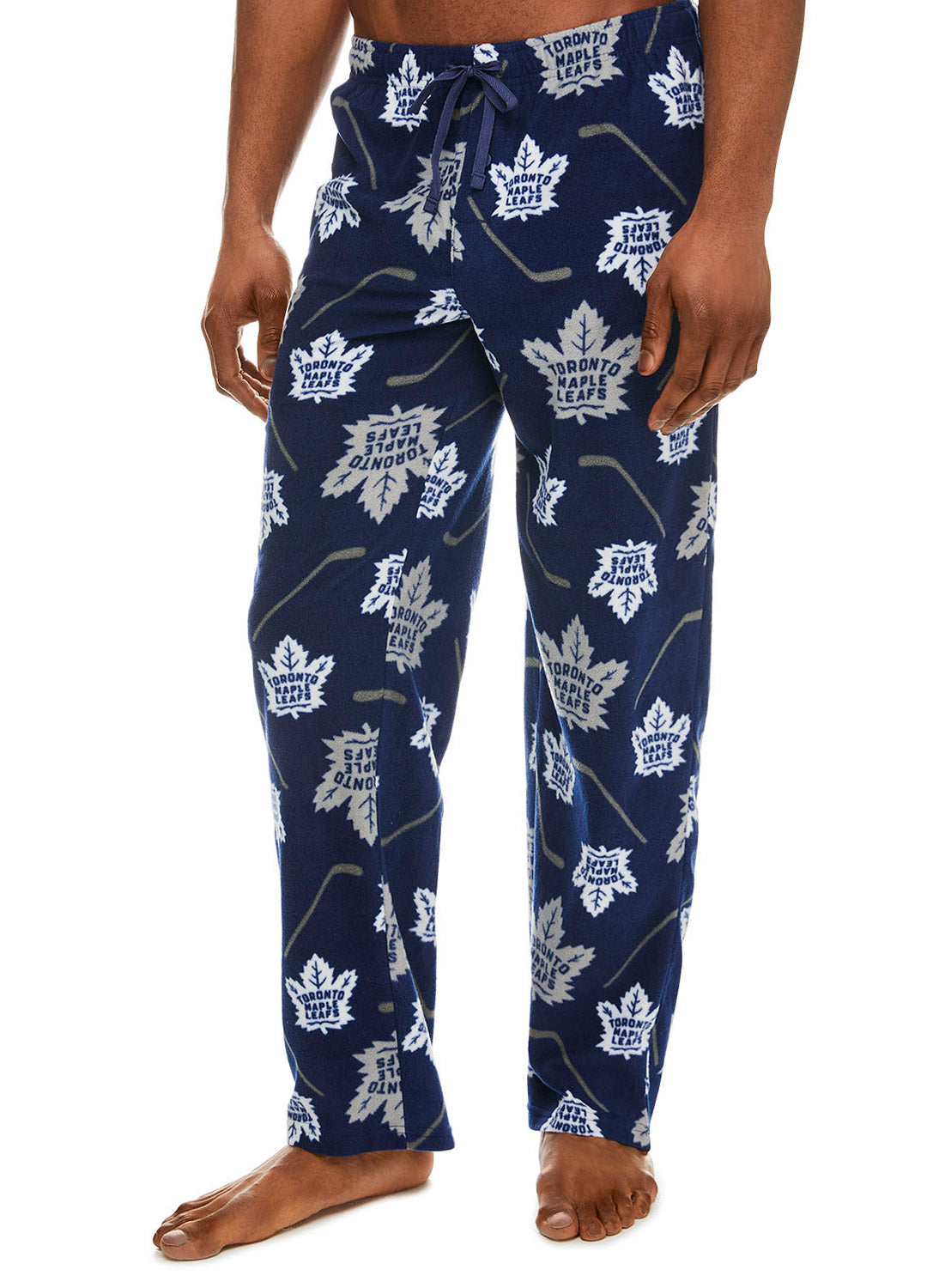 Man wearing Toronto Maple Leafs Sleep Pant with logo and hockey stick print (Blue)