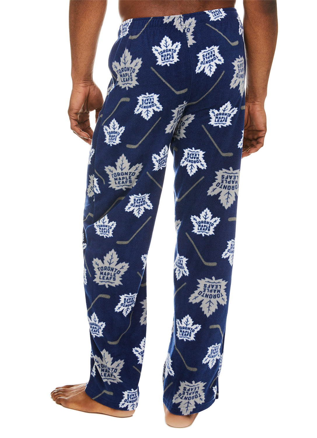 Back view Man wearing Toronto Maple Leafs Sleep Pant with logo and hockey stick print (Blue)