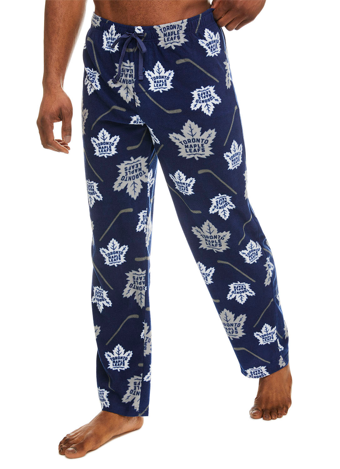 Front view Man wearing Toronto Maple Leafs Sleep Pant with logo and hockey stick print (Blue)
