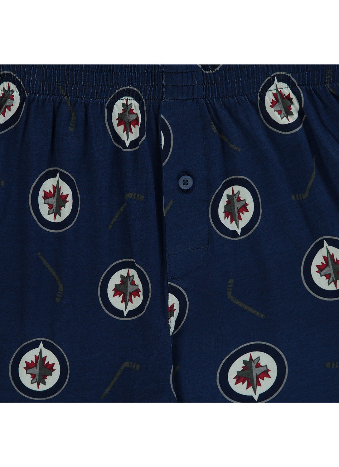 Detail of mens boxers with Winnipeg Jets print (navy)