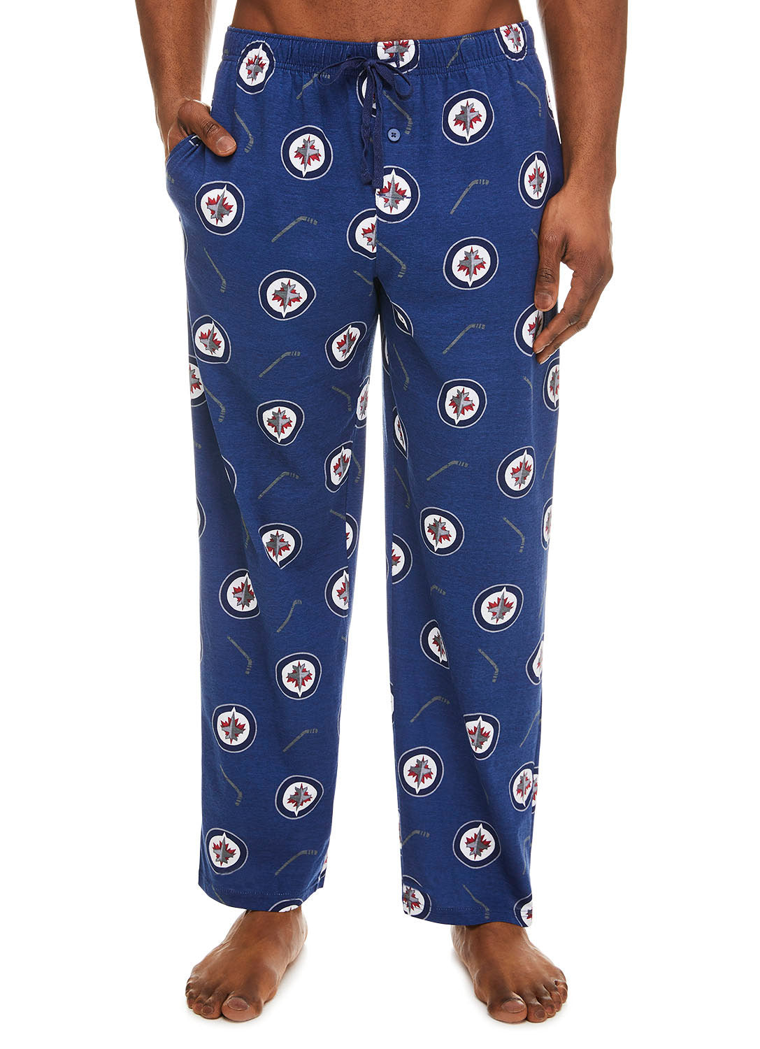 Man wearing Winnipeg Jets Cotton Sleep Pant with logo and hockey stick print (Blue)