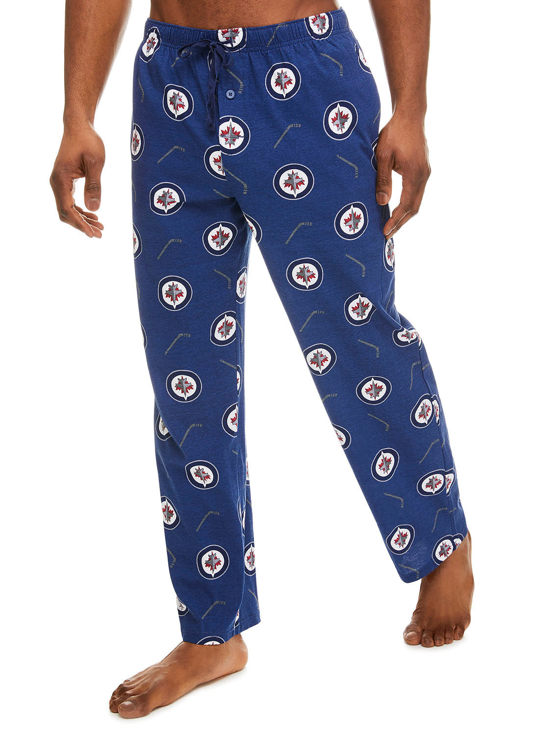 Front View Man wearing Winnipeg Jets Cotton Sleep Pant with logo and hockey stick print (Blue)