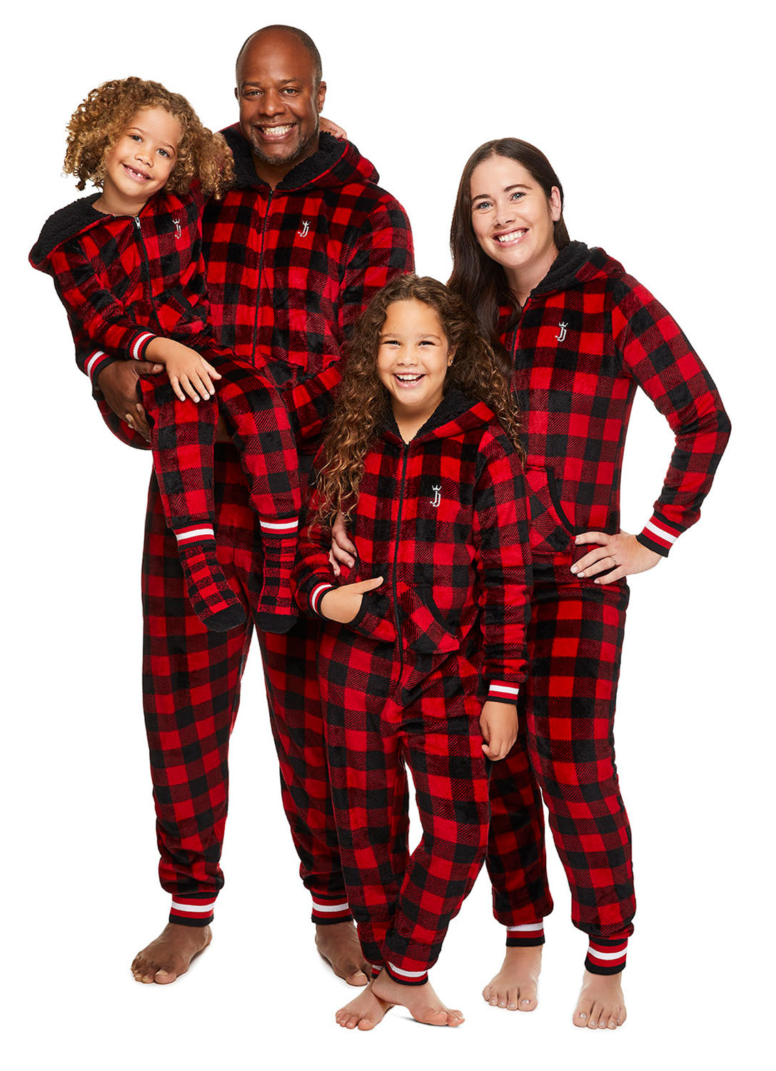 Family wearing Red Paid Sleepwear Onesie