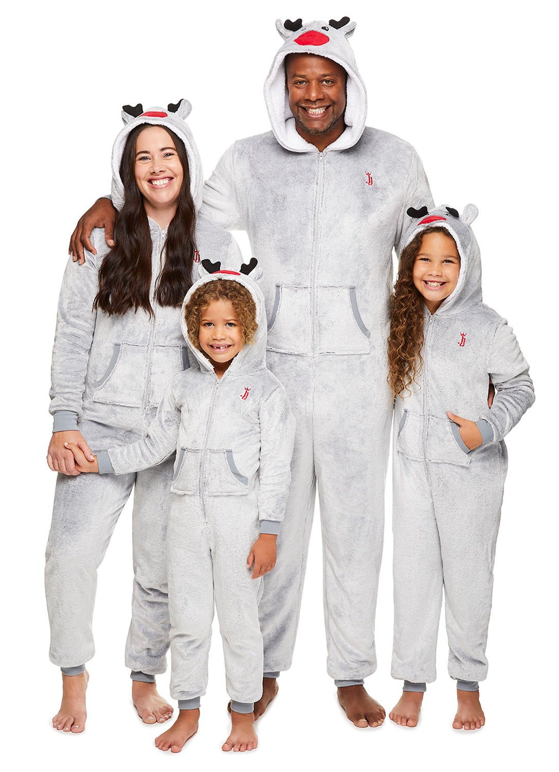 Family wearing Grey Reindeer Sleepwear Onesie