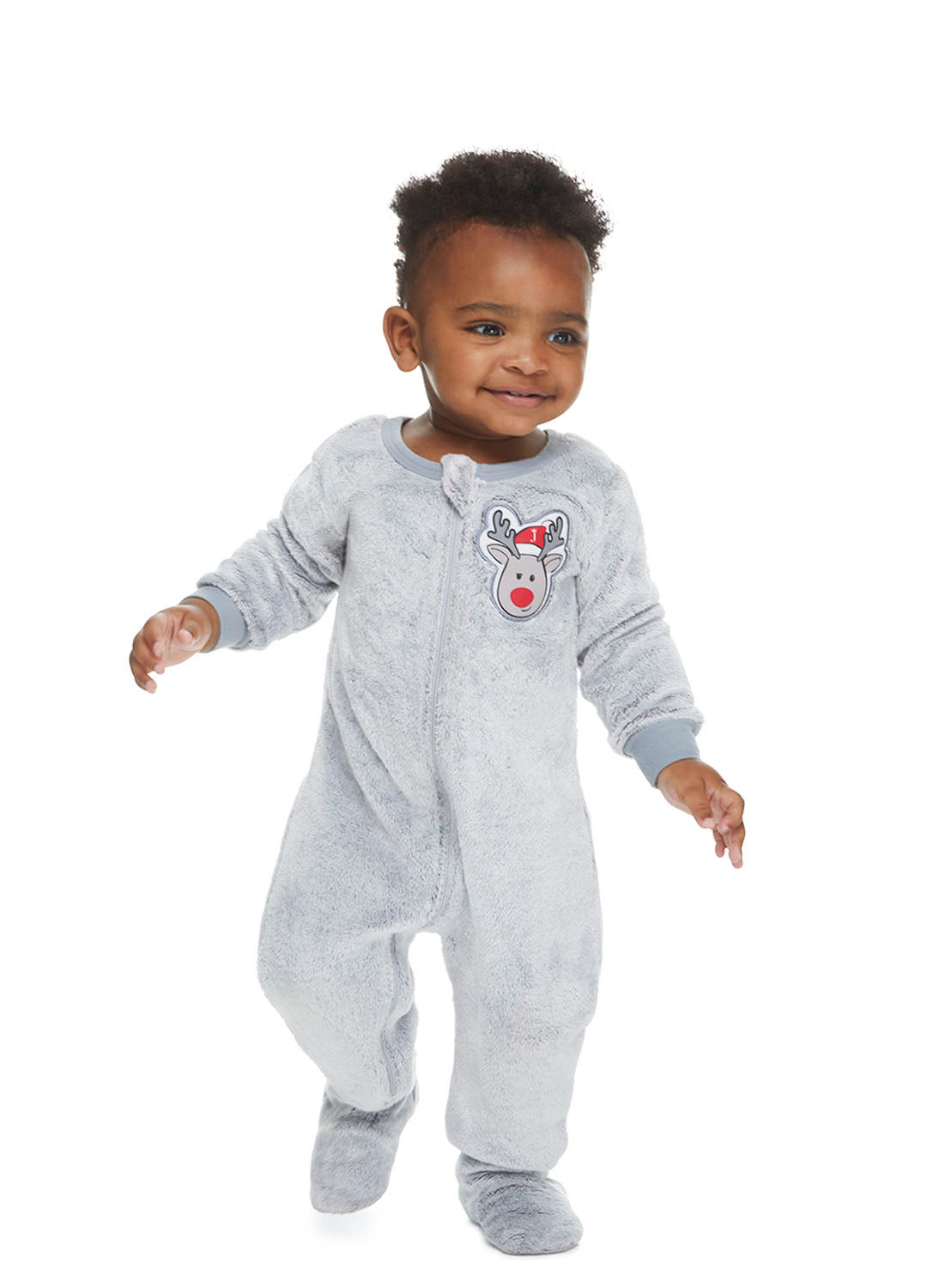 Baby wearing Grey Reindeer Onesie