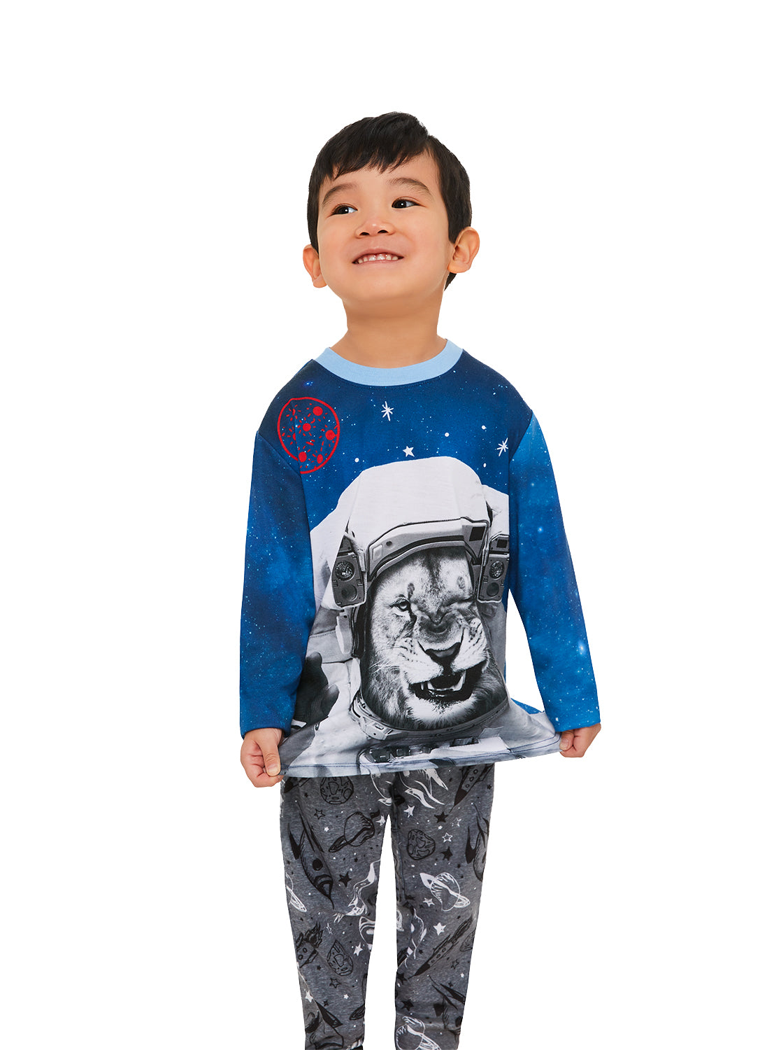 Kid wearing Astronaut Pajama Set in navy colour