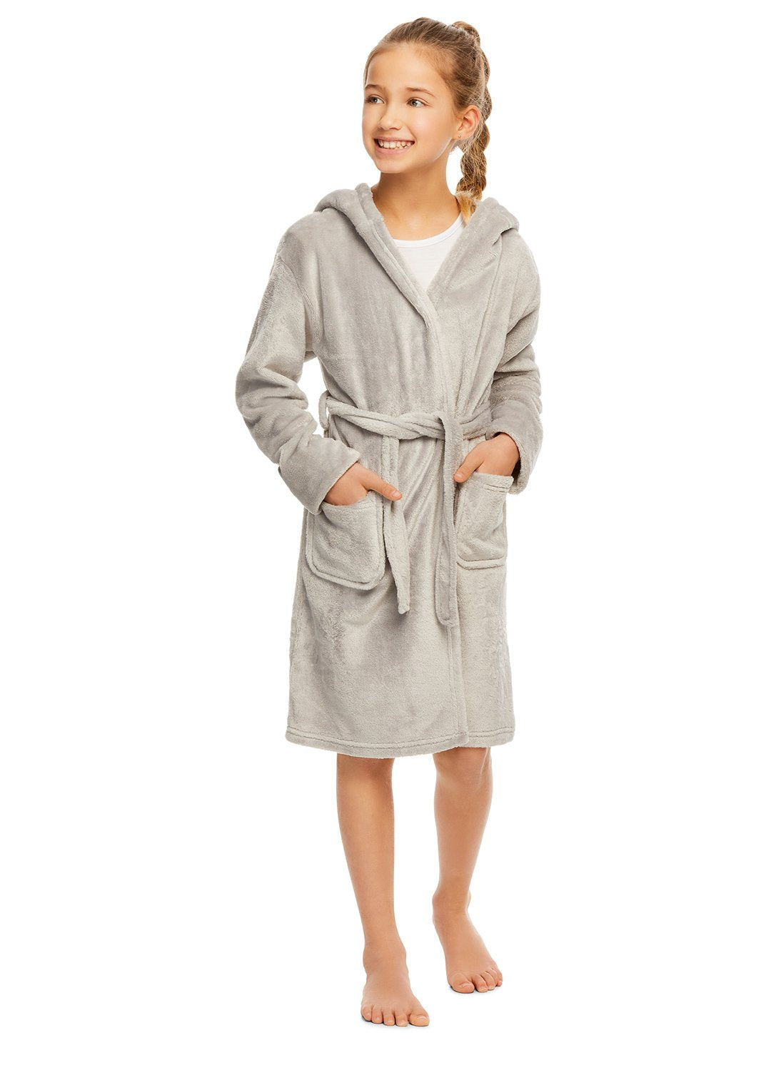 Girl wearing 3D Character Fleece Sleep Robe (gray)