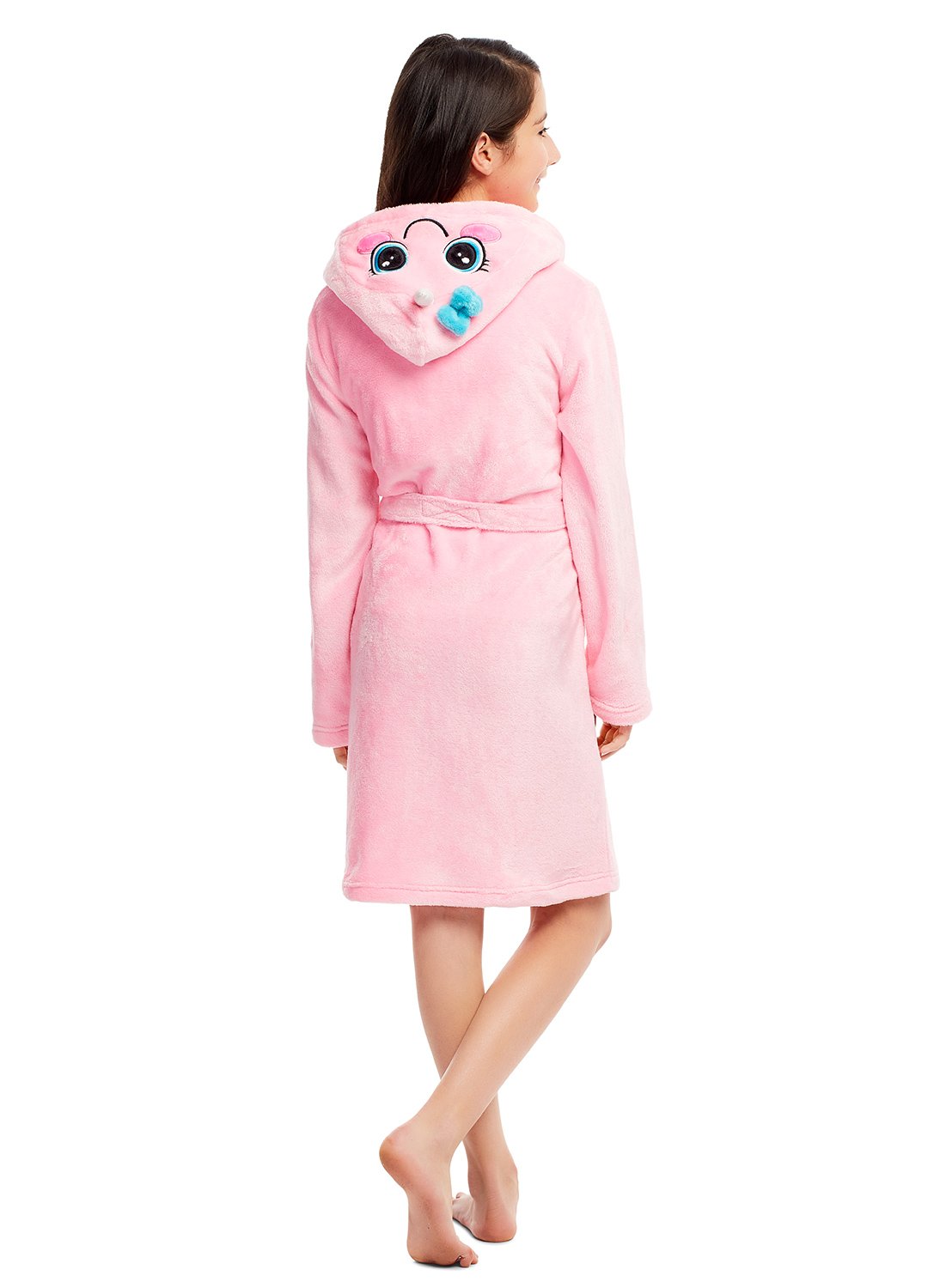 Back view Girl wearing Pink Narwhal Robe