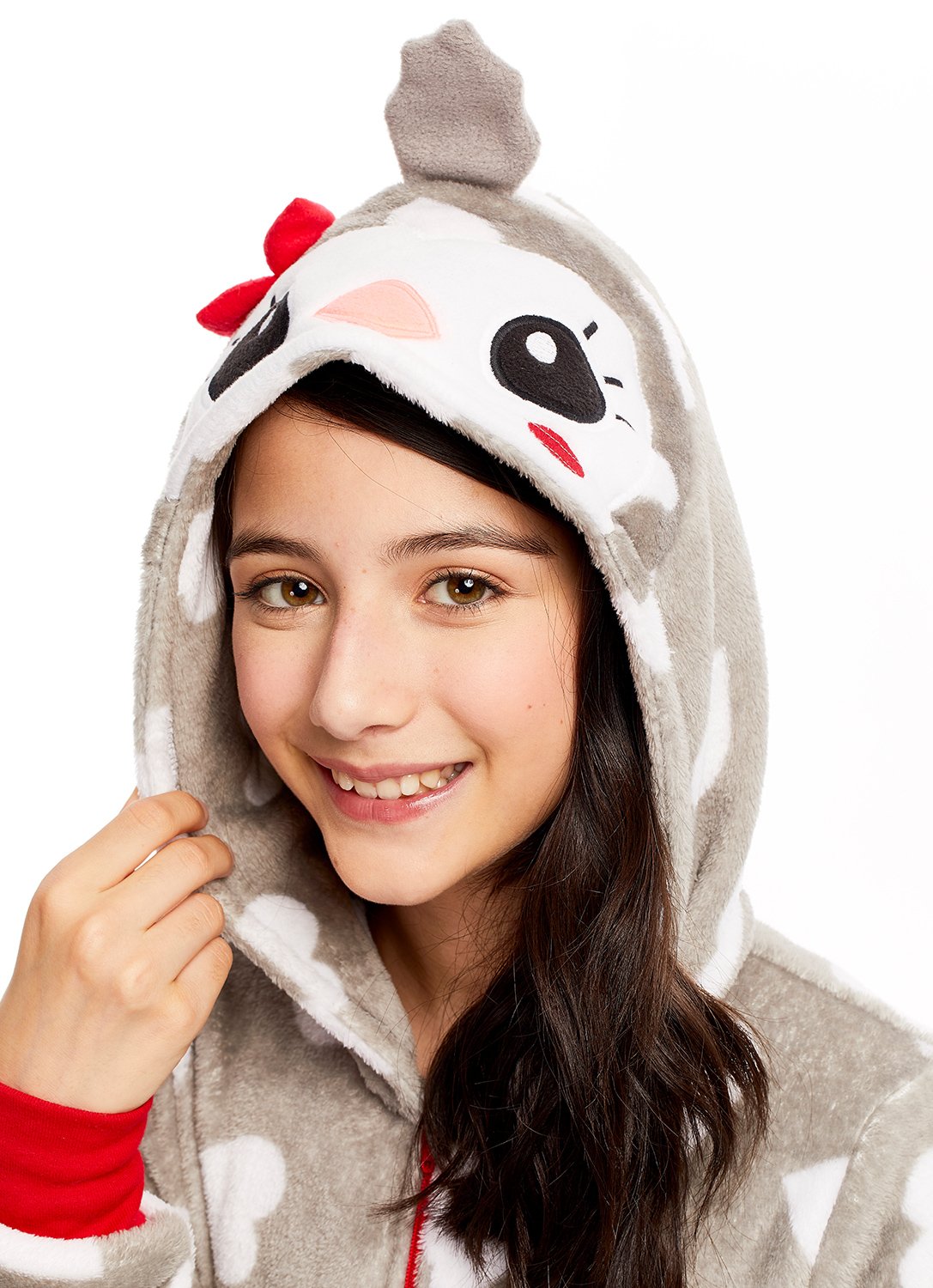 Close Up Girl wearing Onesies with 3D Penguin Hood