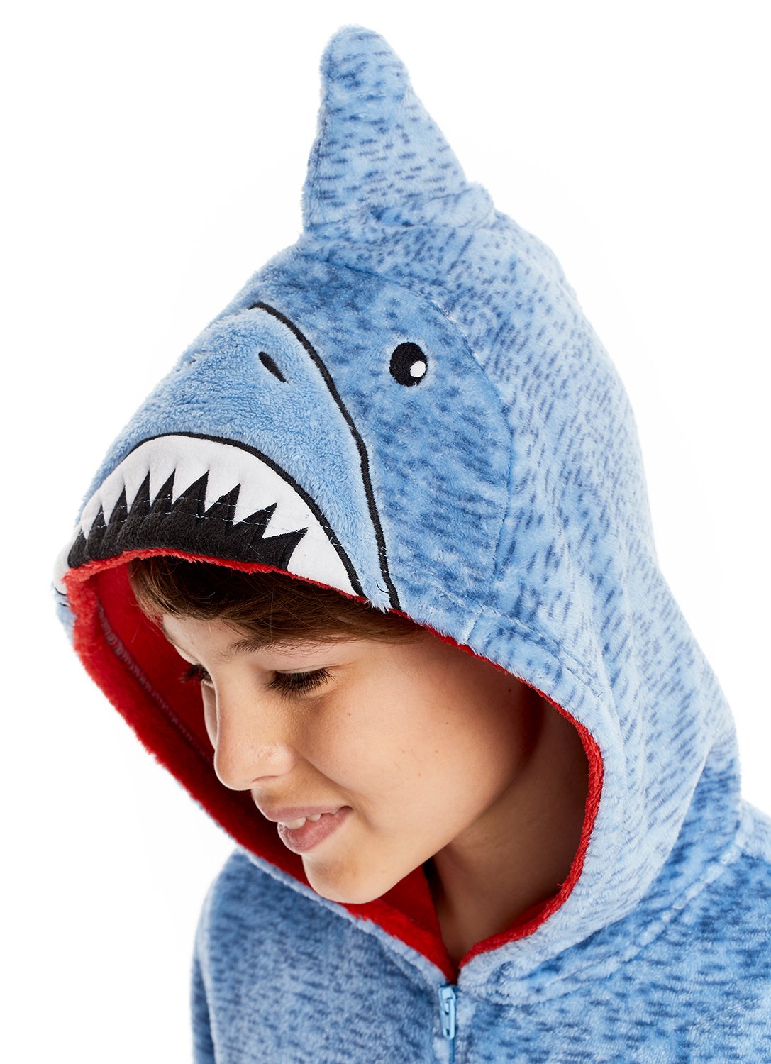 Kid Close Up Plush Zippered Kids Onesie With 3D Shark Hood