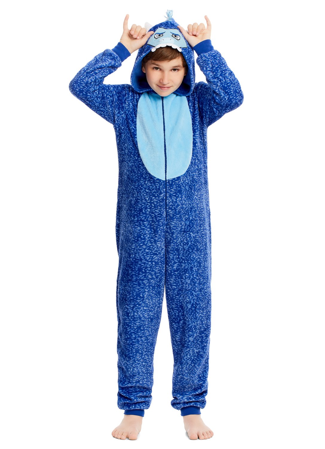 Boy wearing Blue Plush Zippered Yeti Kids Onesie Blanket Sleeper